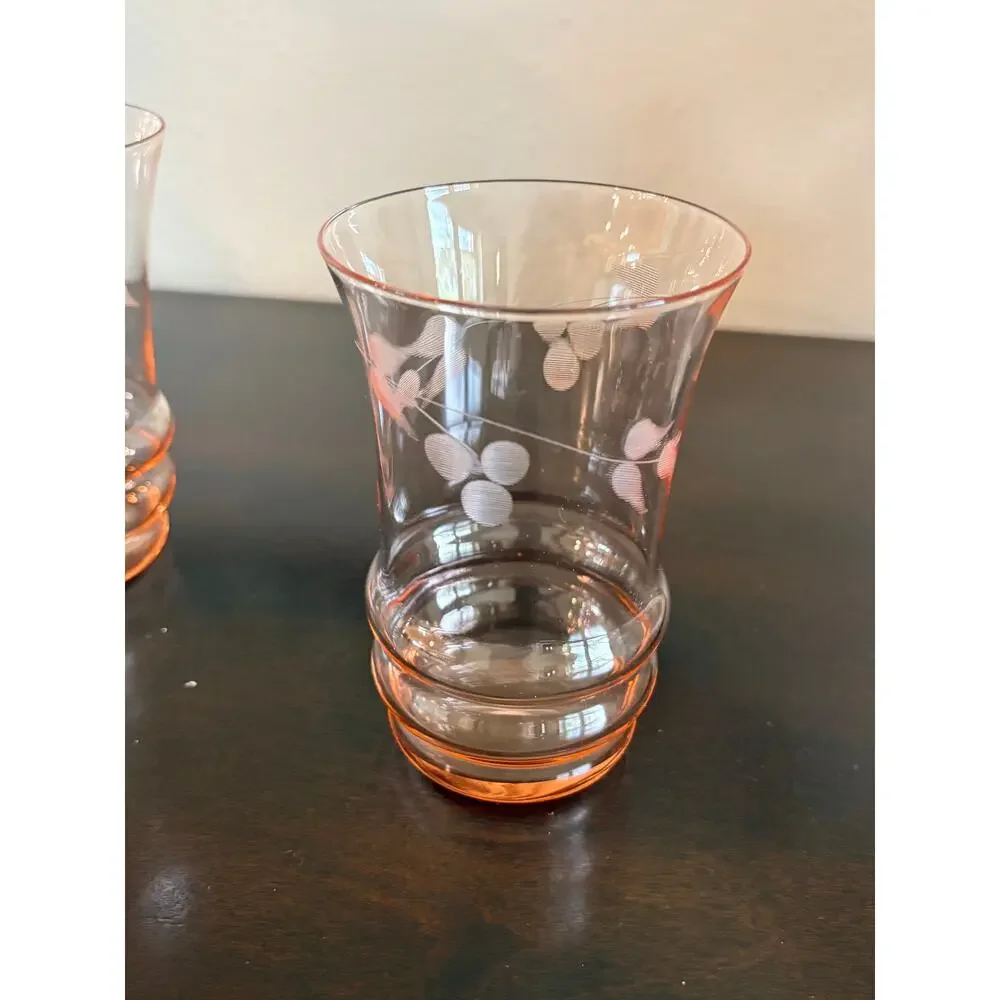 Vintage MacBeth-Evans Pink Leaf Etch Juice Glasses Set of 3 Depression Glass